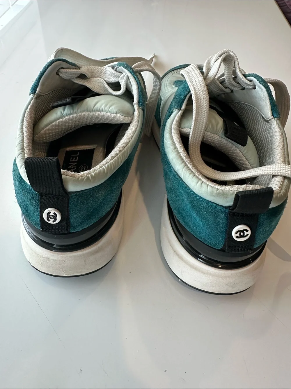 CHANEL womens Teal & Mint Suede Nylon Leather Logo Sneakers size 5